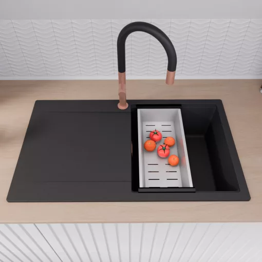 HD Onyx Black 86 egymedencés mosogatótálca szett, matt fekete csepegtetőráccsal és krómozott kosárral, csepegtetőtálcával, matt fekete színben, szálcsiszolt réz leeresztő szifonnal