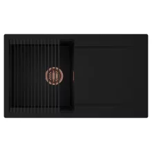 HD Onyx Black 86 egymedencés mosogatótálca szett, matt fekete csepegtetőráccsal, csepegtetőtálcával, matt fekete színben, szálcsiszolt réz leeresztő szifonnal