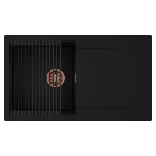 HD Onyx Black 86 egymedencés mosogatótálca szett, matt fekete csepegtetőráccsal, csepegtetőtálcával, matt fekete színben, szálcsiszolt réz leeresztő szifonnal