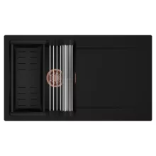 HD Onyx Black 86 egymedencés mosogatótálca szett, acél csepegtetőráccsal és matt fekete kosárral, csepegtetőtálcával, matt fekete színben, szálcsiszolt réz leeresztő szifonnal