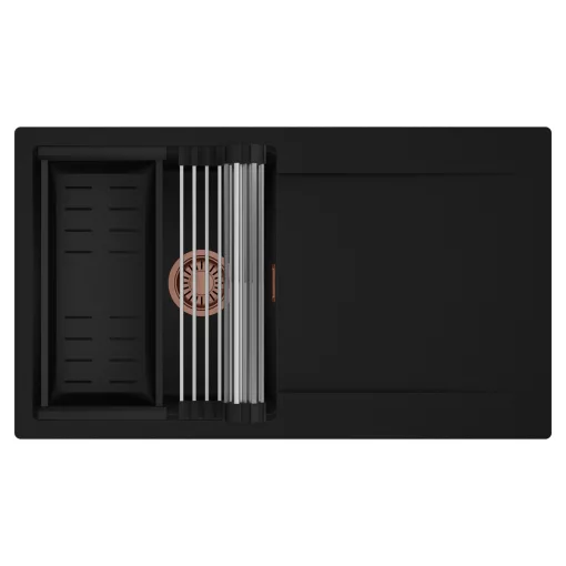 HD Onyx Black 86 egymedencés mosogatótálca szett, acél csepegtetőráccsal és matt fekete kosárral, csepegtetőtálcával, matt fekete színben, szálcsiszolt réz leeresztő szifonnal