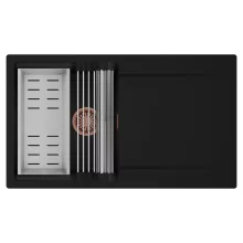 HD Onyx Black 86 egymedencés mosogatótálca szett, acél csepegtetőráccsal és kosárral, csepegtetőtálcával, matt fekete színben, szálcsiszolt réz leeresztő szifonnal