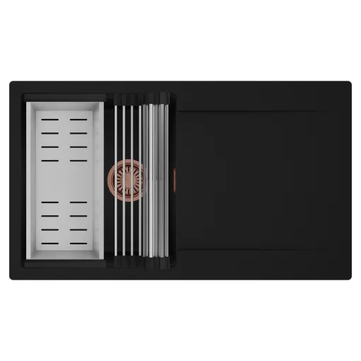 HD Onyx Black 86 egymedencés mosogatótálca szett, acél csepegtetőráccsal és kosárral, csepegtetőtálcával, matt fekete színben, szálcsiszolt réz leeresztő szifonnal