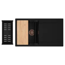 HD Onyx Black 86 egymedencés gránit mosogatótálca szett, csepegtetőtálcával, vágódeszkával, matt fekete csepegtetőráccsal és kosárral, matt fekete színben, szálcsiszolt réz leeresztő szifonnal