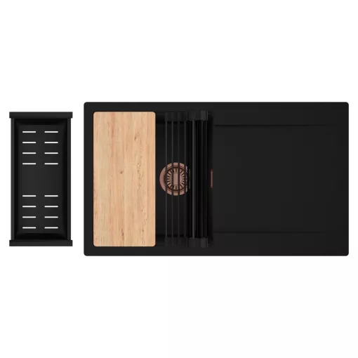 HD Onyx Black 86 egymedencés gránit mosogatótálca szett, csepegtetőtálcával, vágódeszkával, matt fekete csepegtetőráccsal és kosárral, matt fekete színben, szálcsiszolt réz leeresztő szifonnal