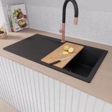 HD Onyx Black 86 egymedencés gránit mosogatótálca szett, csepegtetőtálcával, vágódeszkával, matt fekete csepegtetőráccsal és kosárral, matt fekete színben, szálcsiszolt réz leeresztő szifonnal