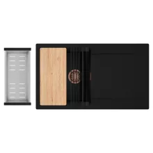 HD Onyx Black 86 egymedencés gránit mosogatótálca szett, csepegtetőtálcával, vágódeszkával, matt fekete csepegtetőráccsal és krómozott kosárral, matt fekete színben, szálcsiszolt réz leeresztő szifonnal