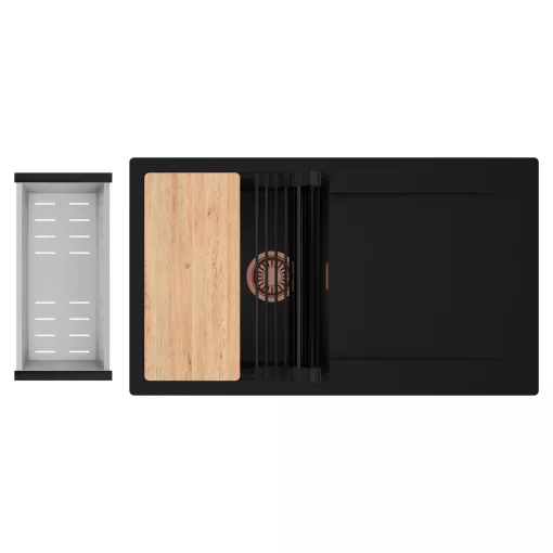 HD Onyx Black 86 egymedencés gránit mosogatótálca szett, csepegtetőtálcával, vágódeszkával, matt fekete csepegtetőráccsal és krómozott kosárral, matt fekete színben, szálcsiszolt réz leeresztő szifonnal