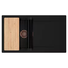 HD Onyx Black 86 egymedencés gránit mosogatótálca szett, csepegtetőtálcával, vágódeszkával, matt fekete csepegtetőráccsal, matt fekete színben, szálcsiszolt réz leeresztő szifonnal