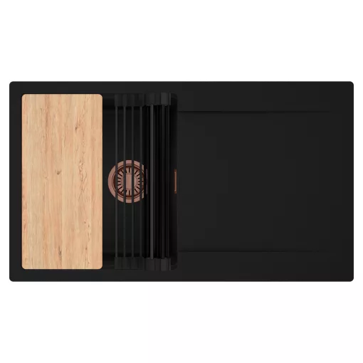 HD Onyx Black 86 egymedencés gránit mosogatótálca szett, csepegtetőtálcával, vágódeszkával, matt fekete csepegtetőráccsal, matt fekete színben, szálcsiszolt réz leeresztő szifonnal