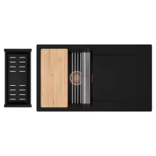 HD Onyx Black 86 egymedencés gránit mosogatótálca szett, csepegtetőtálcával, vágódeszkával, acél csepegtetőráccsal és matt fekete kosárral, matt fekete színben, szálcsiszolt réz leeresztő szifonnal