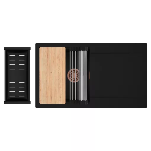 HD Onyx Black 86 egymedencés gránit mosogatótálca szett, csepegtetőtálcával, vágódeszkával, acél csepegtetőráccsal és matt fekete kosárral, matt fekete színben, szálcsiszolt réz leeresztő szifonnal