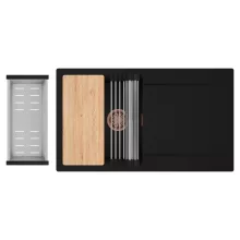 HD Onyx Black 86 egymedencés gránit mosogatótálca szett, csepegtetőtálcával, vágódeszkával, acél csepegtetőráccsal és kosárral, matt fekete színben, szálcsiszolt réz leeresztő szifonnal