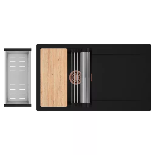 HD Onyx Black 86 egymedencés gránit mosogatótálca szett, csepegtetőtálcával, vágódeszkával, acél csepegtetőráccsal és kosárral, matt fekete színben, szálcsiszolt réz leeresztő szifonnal