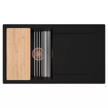 HD Onyx Black 86 egymedencés gránit mosogatótálca szett, csepegtetőtálcával, vágódeszkával, acél csepegtetőráccsal, matt fekete színben, szálcsiszolt réz leeresztő szifonnal