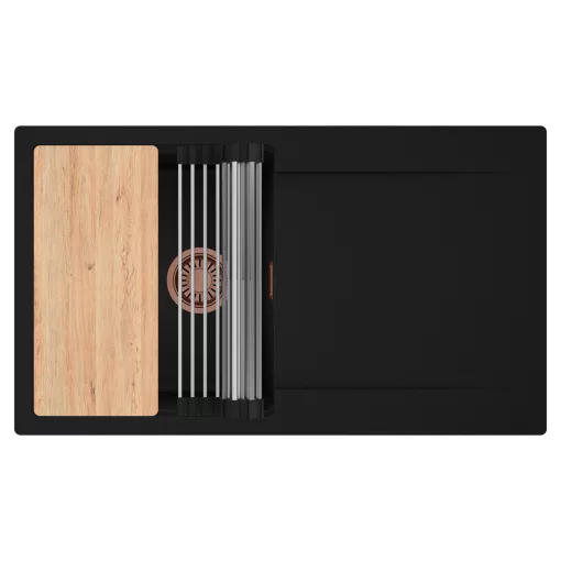 HD Onyx Black 86 egymedencés gránit mosogatótálca szett, csepegtetőtálcával, vágódeszkával, acél csepegtetőráccsal, matt fekete színben, szálcsiszolt réz leeresztő szifonnal