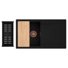 HD Onyx Black 86 egymedencés gránit mosogatótálca szett, csepegtetőtálcával, vágódeszkával, matt fekete csepegtetőkosárral, matt fekete színben, szálcsiszolt réz leeresztő szifonnal