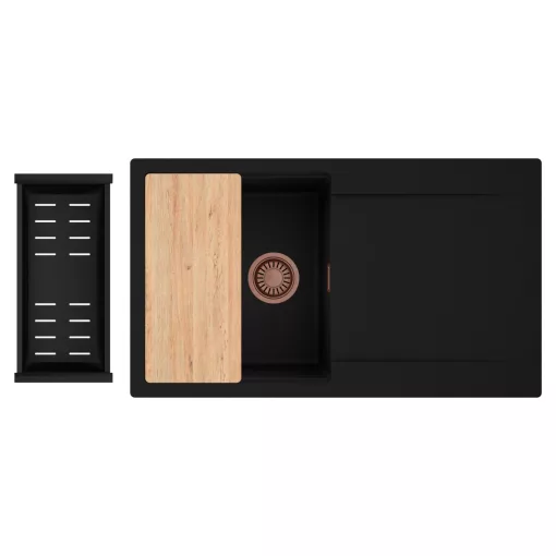 HD Onyx Black 86 egymedencés gránit mosogatótálca szett, csepegtetőtálcával, vágódeszkával, matt fekete csepegtetőkosárral, matt fekete színben, szálcsiszolt réz leeresztő szifonnal