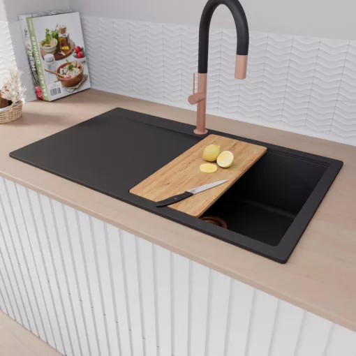 HD Onyx Black 86 egymedencés gránit mosogatótálca szett, csepegtetőtálcával, vágódeszkával, matt fekete csepegtetőkosárral, matt fekete színben, szálcsiszolt réz leeresztő szifonnal