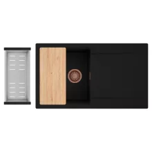 HD Onyx Black 86 egymedencés gránit mosogatótálca szett, csepegtetőtálcával, vágódeszkával, acél csepegtetőkosárral, matt fekete színben, szálcsiszolt réz leeresztő szifonnal