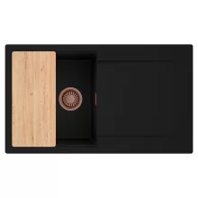 HD Onyx Black 86 egymedencés gránit mosogatótálca, vágódeszkával, matt fekete színben, szálcsiszolt réz leeresztő szifonnal