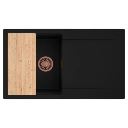 HD Onyx Black 86 egymedencés gránit mosogatótálca, vágódeszkával, matt fekete színben, szálcsiszolt réz leeresztő szifonnal