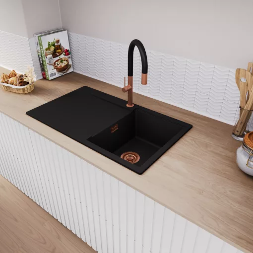 HD Onyx Black 86 egymedencés gránit mosogatótálca, vágódeszkával, matt fekete színben, szálcsiszolt réz leeresztő szifonnal