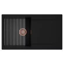 HD Onyx Black 86 egymedencés mosogatótálca szett, acél csepegtetőráccsal, csepegtetőtálcával, matt fekete színben, szálcsiszolt réz leeresztő szifonnal