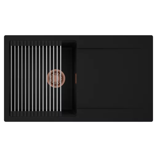 HD Onyx Black 86 egymedencés mosogatótálca szett, acél csepegtetőráccsal, csepegtetőtálcával, matt fekete színben, szálcsiszolt réz leeresztő szifonnal