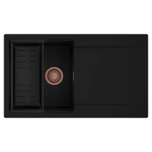 HD Onyx Black 86 egymedencés mosogatótálca szett, matt fekete csepegtetőkosárral, csepegtetőtálcával, matt fekete színben, szálcsiszolt réz leeresztő szifonnal