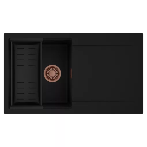 HD Onyx Black 86 egymedencés mosogatótálca szett, matt fekete csepegtetőkosárral, csepegtetőtálcával, matt fekete színben, szálcsiszolt réz leeresztő szifonnal