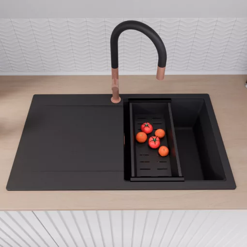 HD Onyx Black 86 egymedencés mosogatótálca szett, matt fekete csepegtetőkosárral, csepegtetőtálcával, matt fekete színben, szálcsiszolt réz leeresztő szifonnal