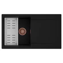 HD Onyx Black 86 egymedencés mosogatótálca szett, acél csepegtetőkosárral, csepegtetőtálcával, matt fekete színben, szálcsiszolt réz leeresztő szifonnal