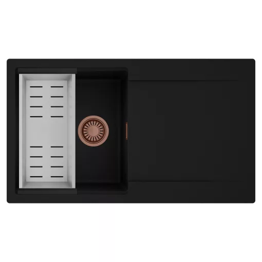 HD Onyx Black 86 egymedencés mosogatótálca szett, acél csepegtetőkosárral, csepegtetőtálcával, matt fekete színben, szálcsiszolt réz leeresztő szifonnal