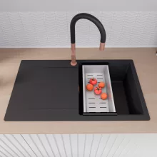 HD Onyx Black 86 egymedencés mosogatótálca szett, acél csepegtetőkosárral, csepegtetőtálcával, matt fekete színben, szálcsiszolt réz leeresztő szifonnal