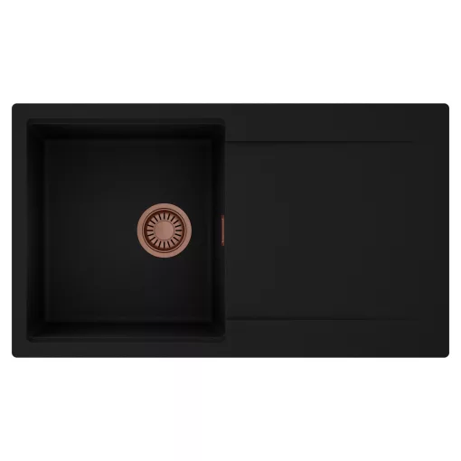 HD Onyx Black 86 egymedencés mosogatótálca, csepegtetőtálcával, matt fekete színben, szálcsiszolt réz leeresztő szifonnal