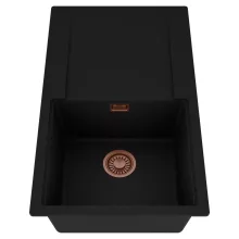 HD Onyx Black 86 egymedencés mosogatótálca, csepegtetőtálcával, matt fekete színben, szálcsiszolt réz leeresztő szifonnal