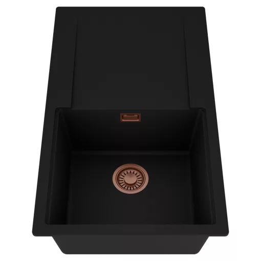 HD Onyx Black 86 egymedencés mosogatótálca, csepegtetőtálcával, matt fekete színben, szálcsiszolt réz leeresztő szifonnal