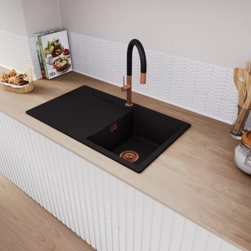 HD Onyx Black 86 egymedencés mosogatótálca, csepegtetőtálcával, matt fekete színben, szálcsiszolt réz leeresztő szifonnal