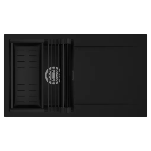 HD Onyx Black 86 egymedencés mosogatótálca szett, matt fekete csepegtetőráccsal és kosárral, csepegtetőtálcával, matt fekete színben