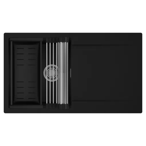 HD Onyx Black 86 egymedencés mosogatótálca szett, acél csepegtetőráccsal és matt fekete kosárral, csepegtetőtálcával, matt fekete színben