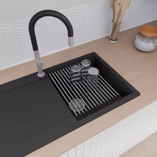 HD Onyx Black 86 egymedencés mosogatótálca szett, acél csepegtetőráccsal és matt fekete kosárral, csepegtetőtálcával, matt fekete színben