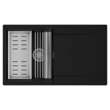 HD Onyx Black 86 egymedencés mosogatótálca szett, acél csepegtetőráccsal és kosárral, csepegtetőtálcával, matt fekete színben