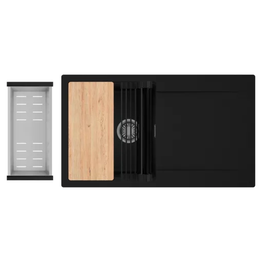 HD Onyx Black 86 egymedencés gránit mosogatótálca szett, csepegtetőtálcával, vágódeszkával, matt fekete csepegtetőráccsal és krómozott kosárral, matt fekete színben