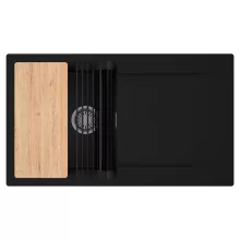 HD Onyx Black 86 egymedencés gránit mosogatótálca szett, csepegtetőtálcával, vágódeszkával, matt fekete csepegtetőráccsal, matt fekete színben