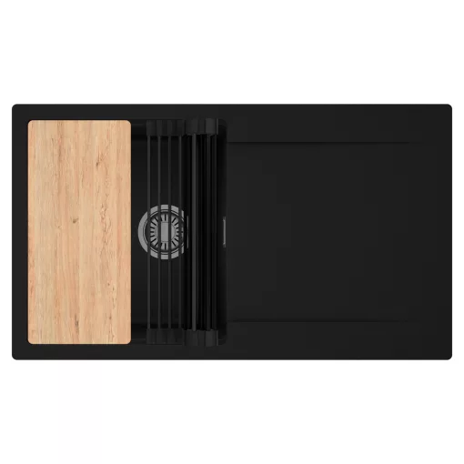 HD Onyx Black 86 egymedencés gránit mosogatótálca szett, csepegtetőtálcával, vágódeszkával, matt fekete csepegtetőráccsal, matt fekete színben