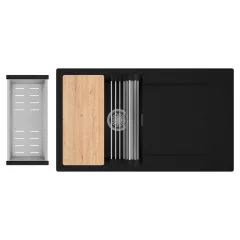   HD Onyx Black 86 egymedencés gránit mosogatótálca szett, csepegtetőtálcával, vágódeszkával, acél csepegtetőráccsal és kosárral, matt fekete színben