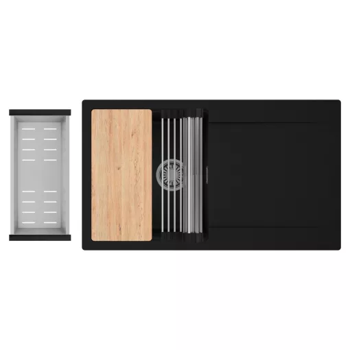 HD Onyx Black 86 egymedencés gránit mosogatótálca szett, csepegtetőtálcával, vágódeszkával, acél csepegtetőráccsal és kosárral, matt fekete színben