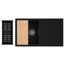 HD Onyx Black 86 egymedencés gránit mosogatótálca szett, csepegtetőtálcával, vágódeszkával, matt fekete csepegtetőkosárral, matt fekete színben