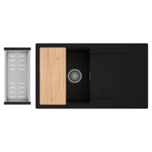 HD Onyx Black 86 egymedencés gránit mosogatótálca szett, csepegtetőtálcával, vágódeszkával, acél csepegtetőkosárral, matt fekete színben